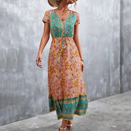 Miniatura 2 de Vestido largo casual de playa para mujer con cuello en V manga corta estilo floral