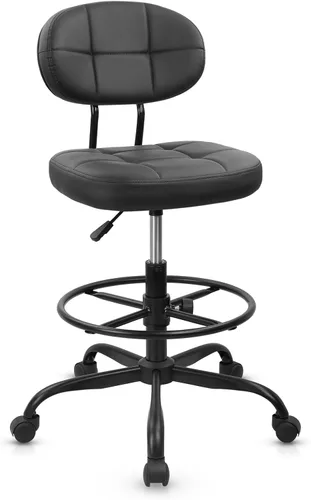 Miniatura 13 de KLASIKA Taburete alto con ruedas de dibujo con soporte de respaldo bajo y anillos ajustables para reposapiés, juego de 2 sillas de escritorio negro