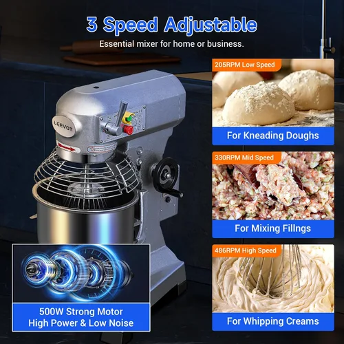Miniatura 7 de 10Qt Mezclador de alimentos comercial con función de temporización, mezclador de pie industrial de 500W de 3 velocidades ajustables y cuenco
