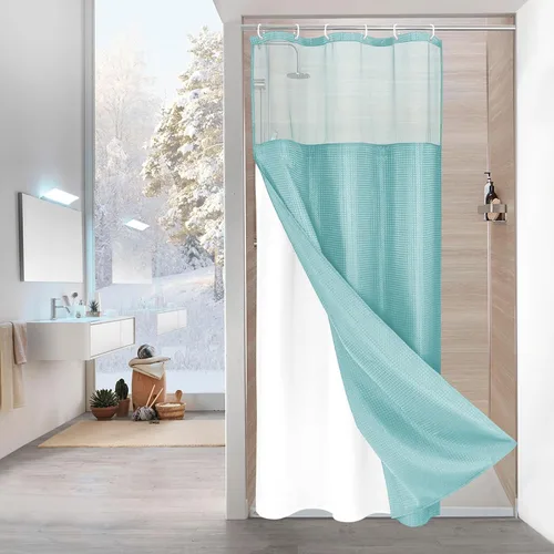 Miniatura 42 de MitoVilla Cortina de ducha pequeña beige de 36 x 72 pulgadas, juego de cortina de ducha de tela de punto gofre de tamaño medio estrecho con forro