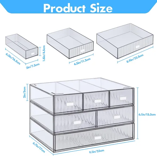 Miniatura 3 de Organizador de Escritorio Apilable de 3 Niveles con 6 Cajones, YOCOMEY Caja de Almacenamiento de Escritorio de Plástico con Cajones, Organizador