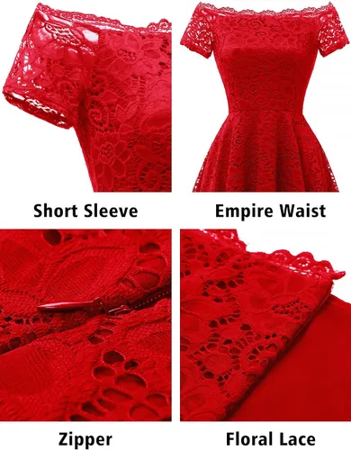 Miniatura 4 de Dressystar Vestido tipo cóctel, de encaje, para mujer, vestido irregular con vuelo y hombros descubiertos, para dama de honor, fiesta formal