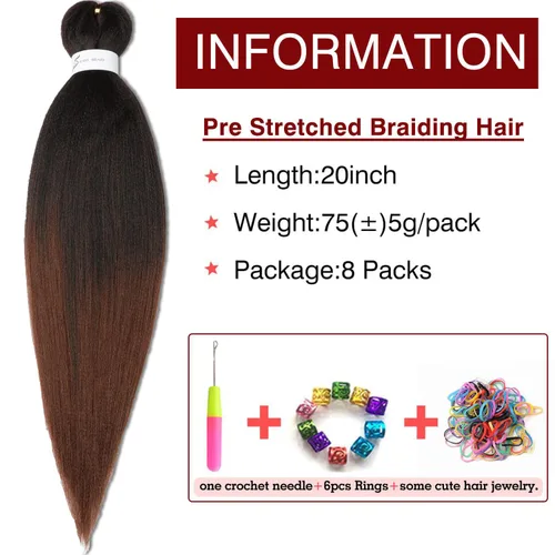 Miniatura 2 de Extensiones de cabello trenzado preestiradas, ombré, negro natural a marrón, cabello trenzado de ganchillo de 20 pulgadas, 8 paquetes de ajuste