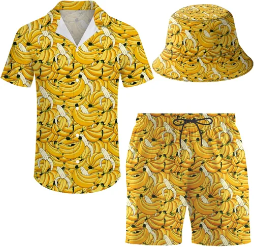 Miniatura 25 de Conjunto deportivo de 2 piezas para hombre, camisa hawaiana, pantalones cortos, camisa con botones y pantalones cortos con sombreros de pescador