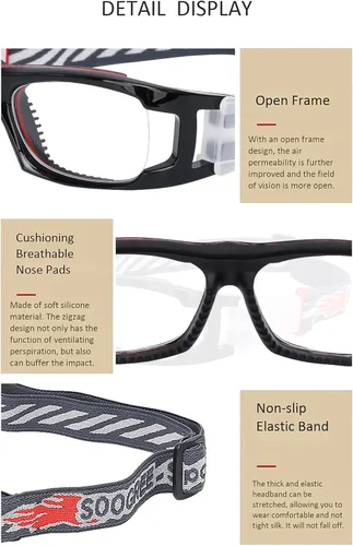 Miniatura 4 de SooGree Gafas deportivas para niños, gafas protectoras, gafas de seguridad ocular, reemplazables a lentes graduadas de 8 a 16 años Marco negro rojo