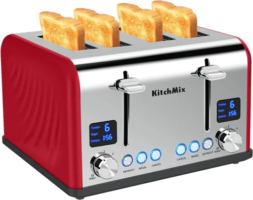 Miniatura 11 de Tostadora de 4 rebanadas, tostador de panecillos de acero inoxidable KitchMix con temporizador LCD, ranuras extra anchas, pantalla dual, bandeja