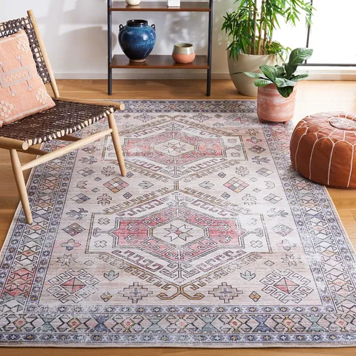 Miniatura 11 de SAFAVIEH Tucson Collection - Alfombra lavable de 2 pies 6 pies x 8 pies, beige y verde, antideslizante y fácil de limpiar, ideal para pasillo