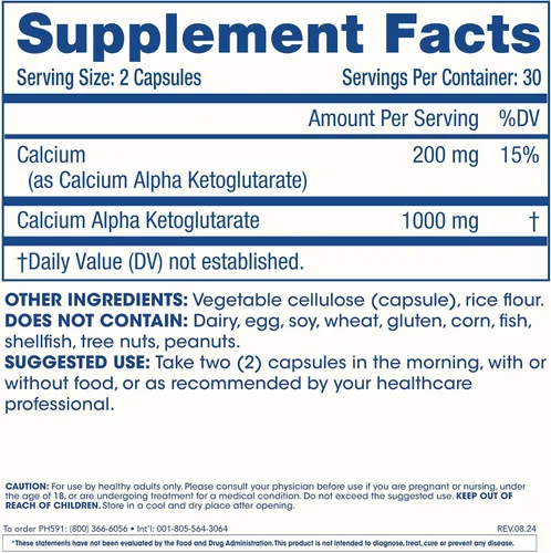 Miniatura 6 de ProHealth, Suplemento de Ca AKG (alfa cetoglutarato) (1,000 mg por porción de 2 cápsulas, 60 cápsulas). Apoya la función metabólica y los procesos