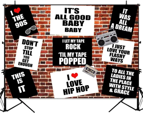 Miniatura 4 de Sensfun Fondo de fotografía de pared de ladrillo rojo retro de los años 90, decoración de cumpleaños de rap, música de rap, hip-hop, negro y blanco