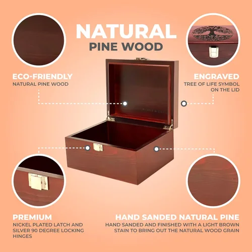 Miniatura 3 de Blake & Lake Tree of Life - Caja decorativa de madera grande, caja de recuerdos de madera con tapa con bisagras y pestillo de metal, cajas