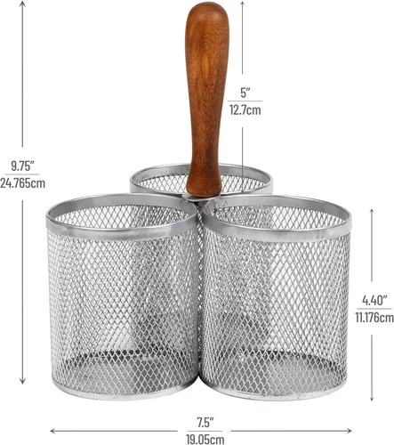 Miniatura 3 de Mind Reader Organizador de malla de 3 compartimentos con mango de madera, almacenamiento multiusos de escritorio o encimera, malla metálica, 7.5