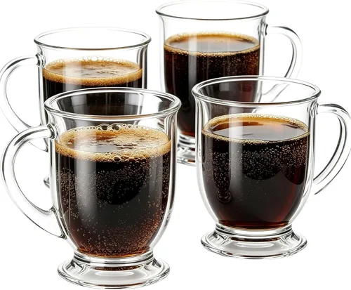 Juego de 4 tazas de café de vidrio transparentes con cuchara, tazas de cerveza de vidrio transparente grande de 16 OZ con asa para bebidas