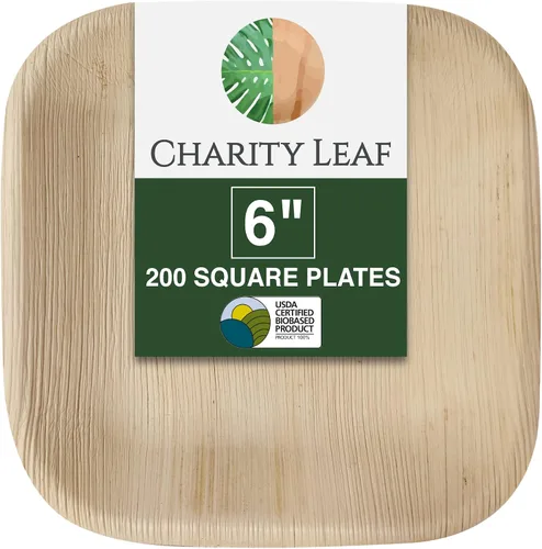 Miniatura 10 de Platos cuadrados desechables de hoja de palma Charity Leaf de 6" (15 cm) (50 piezas) Platos de servir tipo bambú, tablas desechables, vajilla