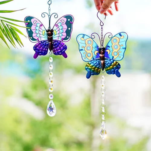 Miniatura 8 de Juego de 2 atrapasoles de mariposa de metal para ventanas – Decoración de pared de valla al aire libre de 14 pulgadas, prismas arcoíris