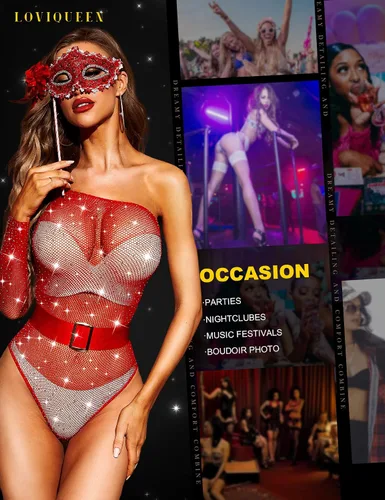 Miniatura 3 de Loviqueen Lencería para mujer, body de red sexy, traje de malla con diamantes de imitación