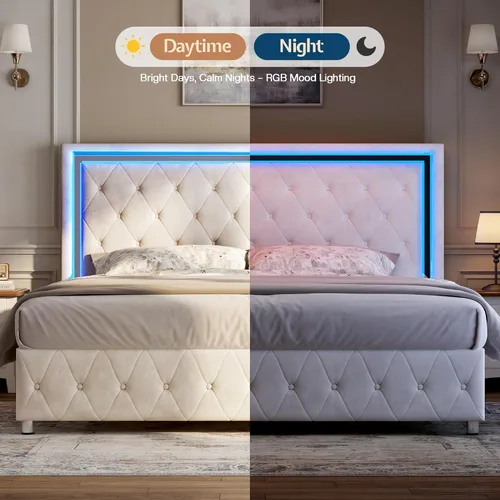 Miniatura 5 de Jocisland Base de cama matrimonial con cabecero y estribo de luces LED, tapizado de terciopelo, plataforma de tamaño matrimonial, no necesita Crema