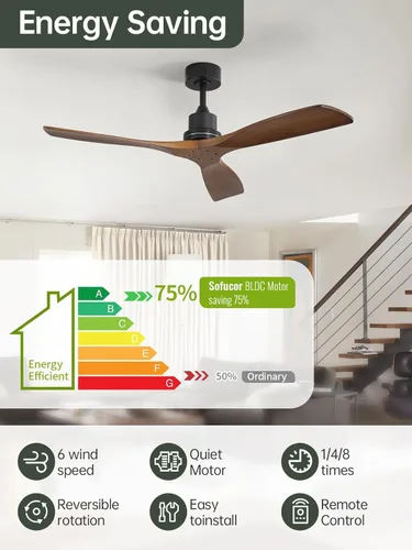 Miniatura 6 de Sofucor Ventiladores de techo de 52 pulgadas, sin luz, ventilador de techo para exteriores con control remoto, motor CC reversible de 3 cuchillas