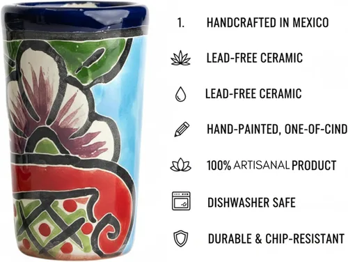 Miniatura 3 de Juego de 4 vasos de chupito Talavera - Pintados a mano - 2 Oz (azul con verde)