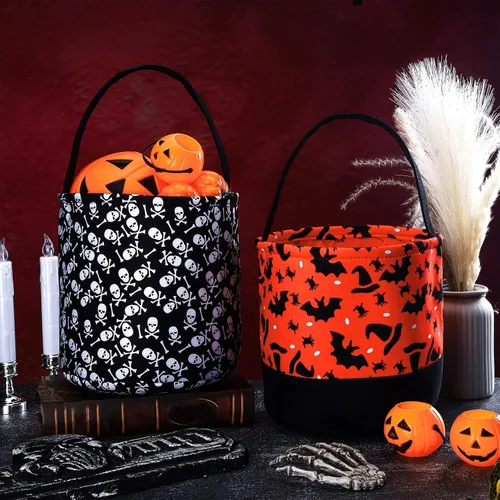 Miniatura 4 de 2 bolsas de dulce o truco de Halloween, bolsas de tela para dulces de Halloween, 2 estilos (calavera y murciélago), Varios