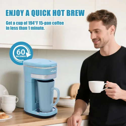 Miniatura 3 de Cafetera, cafetera de una sola porción, cafetera de una taza con filtro reutilizable y botón de control de un solo toque, cafetera portátil para Azul