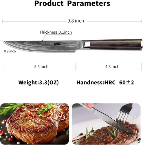 Miniatura 2 de Juego de 6 cuchillos para carne, acero Damasco japonés sin dentar VG10 Acero japonés VG10 Damasco, borde recto no dentado, paquete de 6, 61HRC