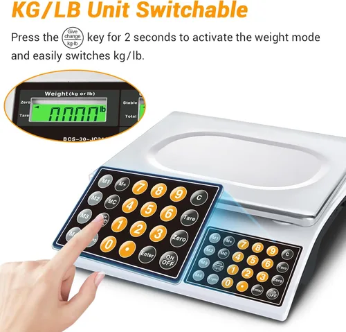 Miniatura 7 de Báscula de cálculo de precios, báscula digital de 66 libras para alimentos comerciales y productos de carne con retroiluminación verde LCD
