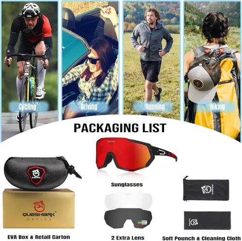 Miniatura 5 de Queshark - Gafas de ciclismo, lentes de sol deportivos para hombres y mujeres, 1 lente polarizada 2 HD, lentes de sol polarizados para ciclismo