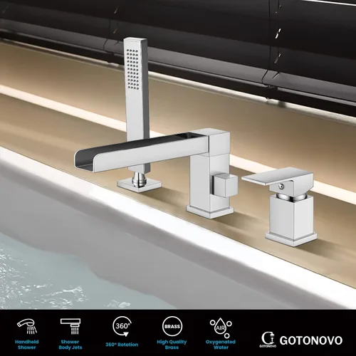 Miniatura 8 de gotonovo Grifo de bañera romano con ducha de mano, 3 agujeros, montaje en cubierta, juego de grifo de bañera de una sola manija generalizado