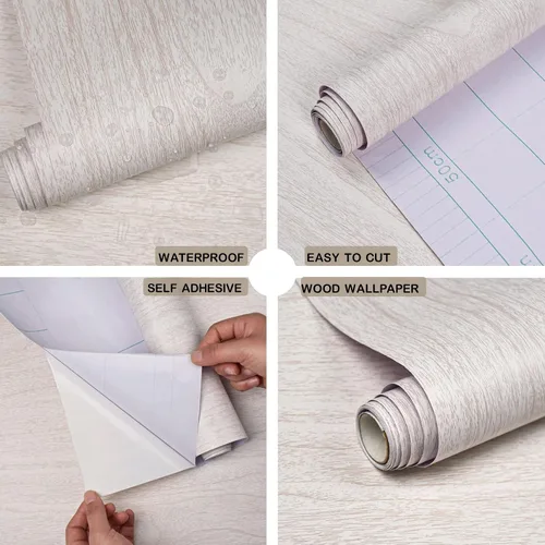 Miniatura 2 de Papel de contacto de madera blanca para gabinetes/cajones, papel tapiz de grano de madera para muebles de cocina, revestimiento de estantes