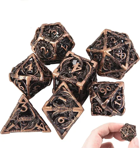 Miniatura 18 de Dados DND, dados de metal huecos D&D, juego de dados de mazmorras y dragones con caja de regalo, 7 piezas de juegos de dados poliédricos steampunk