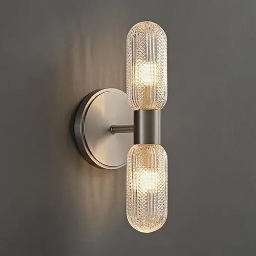 Miniatura 10 de Apliques de pared de latón cepillado, apliques de vidrio doble moleteado de 12.3 pulgadas, aplique dorado de 2 luces, luces de pared para sala