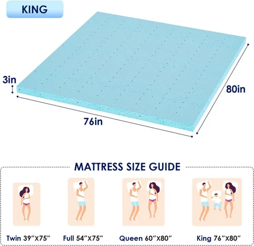 Miniatura 8 de BLKMTY Cubrecolchón King de 3 pulgadas, cubrecolchón de espuma viscoelástica ventilada con infusión de gel refrescante, colchón suave y transpirable