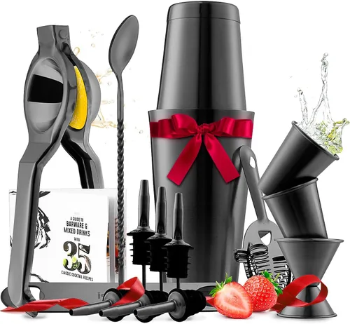 Miniatura 11 de Juego de coctelera de bar, kit de camarero, juego de cóctel negro de 8 piezas, kit de barman mixología, kit de coctelera de acero para bebidas