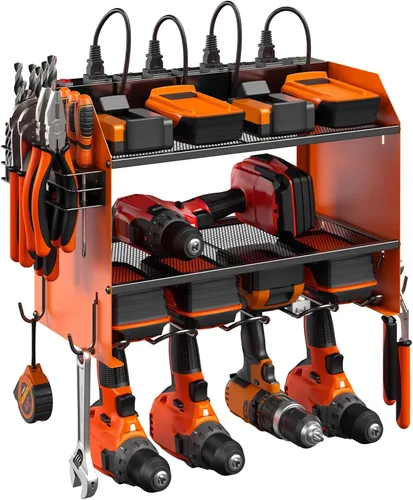 Miniatura 15 de CCCEI Organizador modular de herramientas eléctricas para montaje en pared con estación de carga. Estante de almacenamiento de taladros de garaje