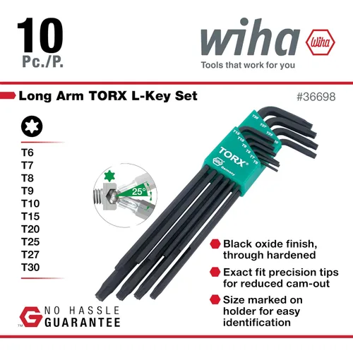 Miniatura 3 de Wiha 36698 Torx Juego de llaves en L, 10 piezas, T6–T30, alcance extra largo, óxido negro, acero para herramientas CRM-72