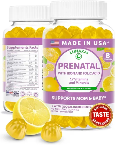 Lunakai Vitaminas prenatales 17 en 1 fabricadas en Estados Unidos para mujeres con hierro y ácido fólico, deliciosas gomitas prenatales diarias para