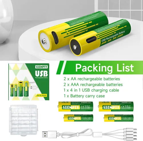 Miniatura 7 de Paquete combinado de baterías recargables AA y AAA, 1.5 V USB-C de litio doble A 3400 mWh y triple A de 900 mWh con cable 4 en 1 de carga rápida