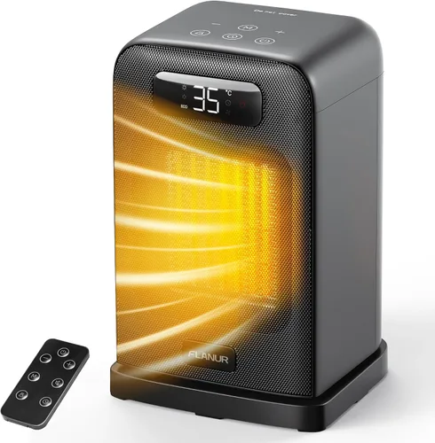 FLANUR Calentadores de espacio para uso en interiores, calentador de escritorio pequeño de 1500 W 2 en 1 con control remoto, termostato, pantalla
