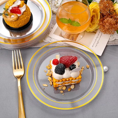 Miniatura 2 de I00000 60 platos de postre dorados transparentes, platos de plástico transparente con borde dorado de 7 pulgadas, platos desechables de boda