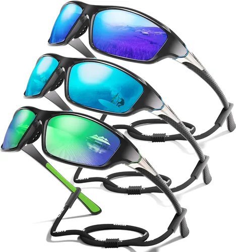 Miniatura 35 de Paquete de 3 lentes de sol deportivos polarizados para hombres, gafas de sol masculinas envolventes con protección UV para ciclismo, pesca