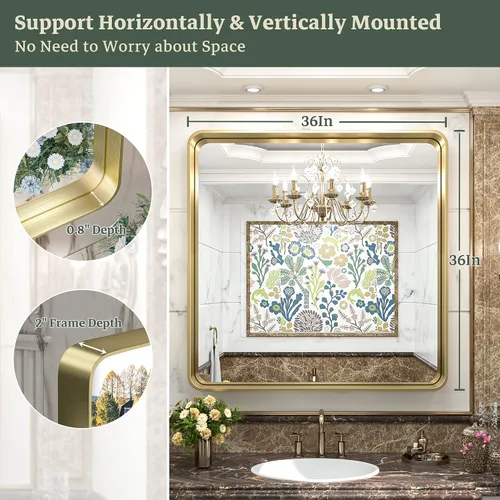 Miniatura 5 de TokeShimi Espejo de Tocador de Baño Dorado de 36 x 36 Pulgadas para Pared, Espejo Rectangular con Marco de Metal Mate Cepillado de Aleación de Oro