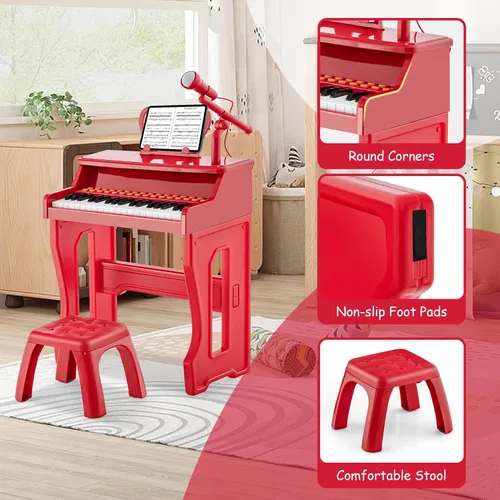 Miniatura 6 de HONEY JOY Piano para niños, piano de teclado rojo de 37 teclas para niños con soporte de música y banco, regalo para bebés con micrófono