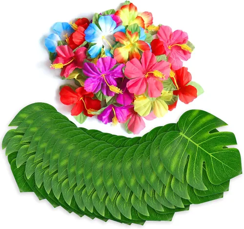 Miniatura 12 de 126 piezas de suministros para decoraciones de fiesta Luau, hojas de palma tropicales, flores de hibisco, hojas artificiales simuladas para fiestas