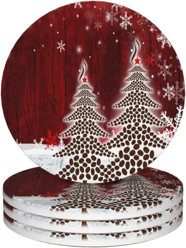 Miniatura 26 de Juego de 4 posavasos de invierno de Navidad para bebidas, camión rojo, árbol de Navidad, posavasos de cerámica absorbentes para mesa de café, bar