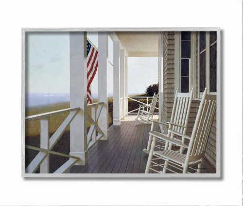 Stupell Industries Americana - Pintura realista para porche, silla mecedora, diseñada por Zhen-Huan Lu, arte de pared de 11 x 14 pulgadas, marco
