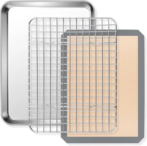 Miniatura 11 de E-far - Juego de bandejas para hornear para horno tostador, bandeja pequeña de acero inoxidable de 10.5 x 8.3 pulgadas con rejilla de alambre