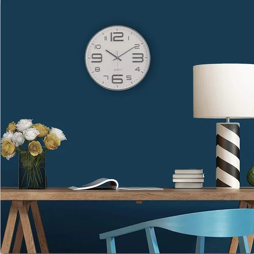 Miniatura 5 de Bernhard Products Reloj de pared plateado de 12 pulgadas, silencioso, sin tictac, de cuarzo, funciona con pilas, redondo, blanco, decorativo, diseño