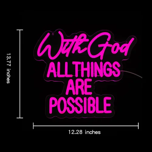 Miniatura 3 de Letrero de neón con texto en inglés "With God All Things Are Possible" para decoración de pared, letrero de neón LED rosa, luz de neón regulable