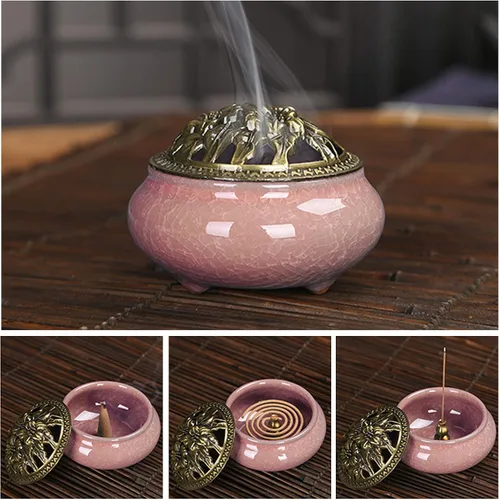 Miniatura 3 de Quemador de incienso de cerámica con soporte de incienso de calabash, 3 en 1, palo o bobina de cono, quemador de incienso con tapa de latón