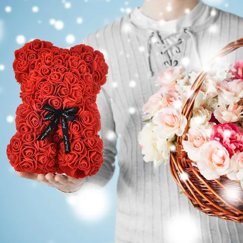Miniatura 2 de oso de peluche hecho de rosas, diseño de rosas en cada oso, perfecto para aniversario, incluye caja de regalo transparente 10 pulgadas.